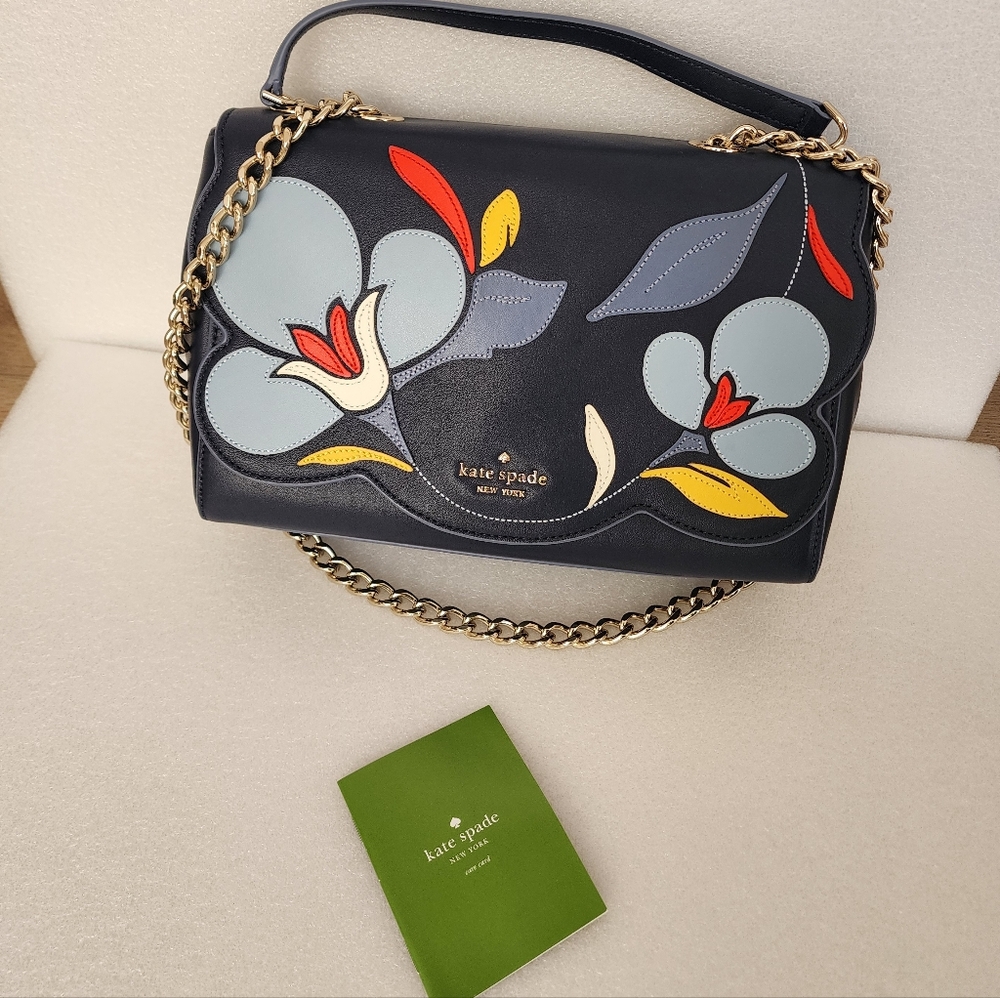 KATE SPADE Emelyn Briar Lane Floral Navy Leather Purse Crossbody Bag Chain